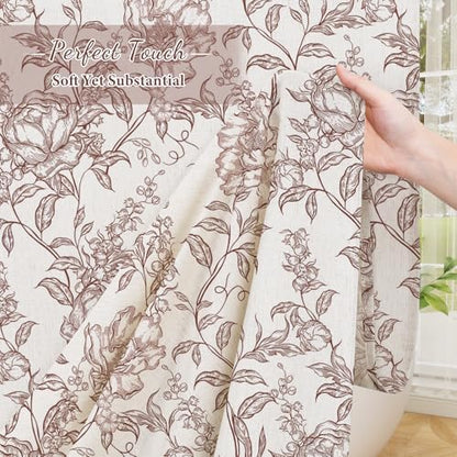Burgundy Boho Linen Fabric Shower Curtain ,Farmhouse Floral For Bathroom