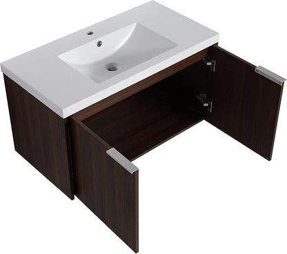 Henf 36inch Floating Bathroom Vanity Cabinet with Sink Combo, Modern Wall Mounted Solid Wood Cabinet with White Gel Basin Sink Bathroom Storage Cabinet with 2 Soft Close Doors