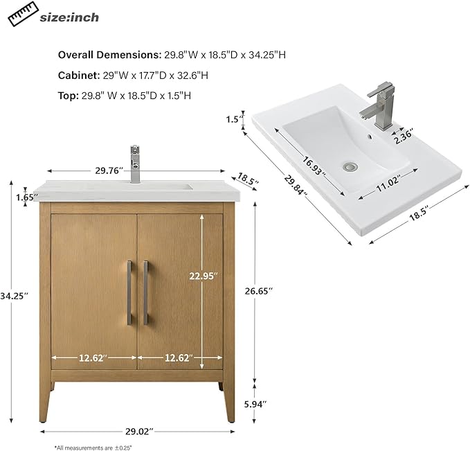 HomeBeyond 30 Inch Bathroom Vanity with Sink & Ceramic Top, Single Vanity Cabinet with Basin, Soft-Closing Doors & Matte Black Hardware, Natural Oak