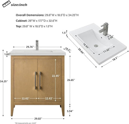 HomeBeyond 30 Inch Bathroom Vanity with Sink & Ceramic Top, Single Vanity Cabinet with Basin, Soft-Closing Doors & Matte Black Hardware, Natural Oak
