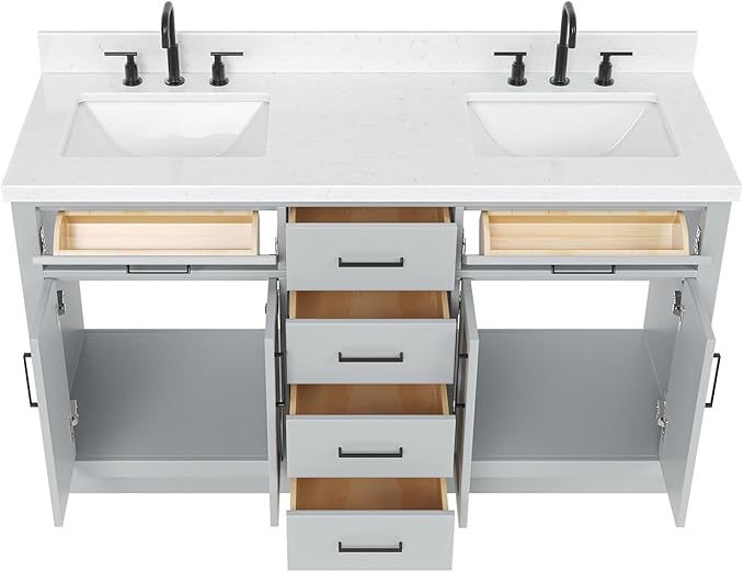 ARIEL Hepburn 60-inch Bathroom Vanity with Sink,Solid Wood, 1.5-inch Carrara White Quartz Countertop & Backsplash, Double Rectangular Porcelain Sink, 4 Soft Closing Doors, 6 Dovetail Drawers, Grey
