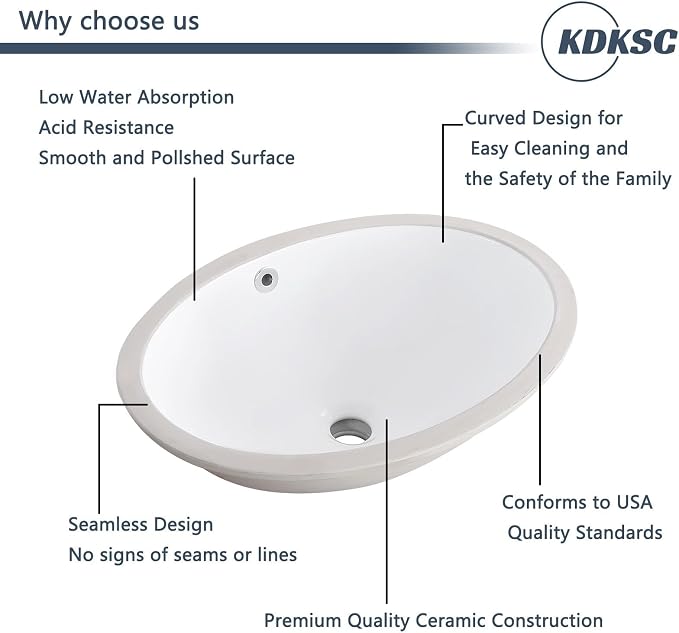 Undermount Bathroom Sink 20.5"x15.4" Oval White Ceramic with Overflow | Porcelain Ceramic Bathroom Sinks Under Counter Basin 20 Inch