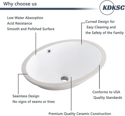 Undermount Bathroom Sink 20.5"x15.4" Oval White Ceramic with Overflow | Porcelain Ceramic Bathroom Sinks Under Counter Basin 20 Inch