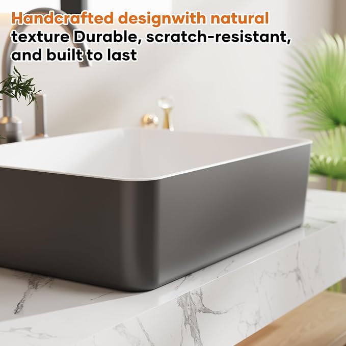 19"x15" Black & White Rectangle Ceramic Vessel Bathroom Sink | Modern Rectangular Countertop Sink Crafted from Durable Ceramic, Compatible with Vessel Sink Faucets, Smooth Two-Tone Finish