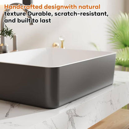 19"x15" Black & White Rectangle Ceramic Vessel Bathroom Sink | Modern Rectangular Countertop Sink Crafted from Durable Ceramic, Compatible with Vessel Sink Faucets, Smooth Two-Tone Finish