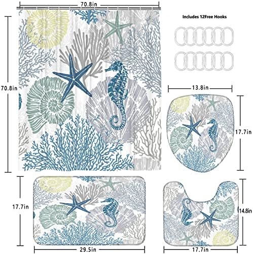 Nkzply 4 Pcs Beach Shower Curtain Set Blue Ocean Bathroom Sets with Shower Curtain and Rugs Seahorse Shower Curtains Set Seashell Starfish Bathroom Decor Accessories Coral Bathroom Rugs Set