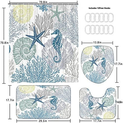 Nkzply 4 Pcs Beach Shower Curtain Set Blue Ocean Bathroom Sets with Shower Curtain and Rugs Seahorse Shower Curtains Set Seashell Starfish Bathroom Decor Accessories Coral Bathroom Rugs Set
