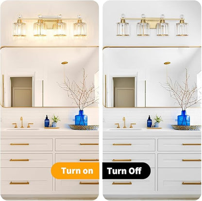 Modern Crystal Bathroom Vanity Light, 4-Lights Bathroom Light Fixtures, Brass Gold Vanity Lighting Fixtures Over Mirror, Brushed Wall Sconce Light for Bedroom, Kitchen, Living Room, Gallery, E26 Base