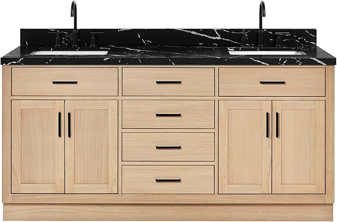 ARIEL Hepburn 72 Inch Double Rectangle Sink Bathroom Vanity with Nero Marquina Black Quartz Countertop 1.5 Inch in Natural Oak
