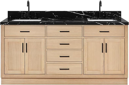ARIEL Hepburn 72 Inch Double Rectangle Sink Bathroom Vanity with Nero Marquina Black Quartz Countertop 1.5 Inch in Natural Oak