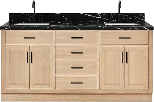 ARIEL Hepburn 72 Inch Double Rectangle Sink Bathroom Vanity with Nero Marquina Black Quartz Countertop 1.5 Inch in Natural Oak