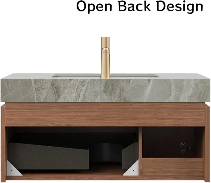 36" Bathroom Vanity with Sink, Wall-Mounted Plywood Bathroom Storage Cabinet with Ceramic Basin & Sintered Stone Countertop, Modern Pre-Assembled Floating Vanity with Drawer & Door, Brown Oak