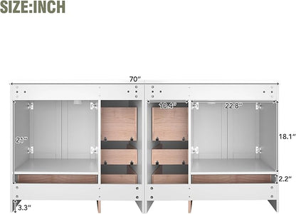 Harper & Bright Designs 72" Bathroom Vanity Set with Double Sink, Vanity Cabinet with 4 Cabinet Doors and 8 Drawers, Modern Design Solid Wood Bathroom Cabinet with Ceramic Basin for Bathroom, White