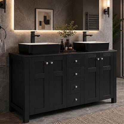 48 Inch Bathroom Vanity with Sink, Traditional Freestanding Black Bathroom Vanity Cabinet with Four Drawers, Pedestal Cabinet with Two Black and White Ceramic Vessel Sinks