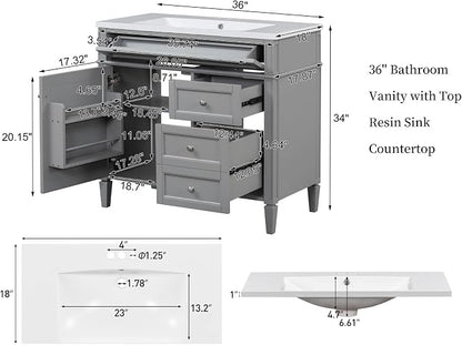 36'' Bathroom Vanity with Top Single Resin Sink Countertop, Solid Wood Frame Modern Storage Cabinet, Tip-Out Drawer, Soft Closing Doors, Grey