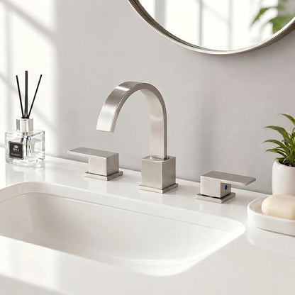 Widespread Brushed Nickel Bathroom Faucets, Waterfall Nickel Stainless Steel Bathroom Faucet for Sink 3 Hole, Vanity Lavatory Faucets with Drain & Water Hoses, 8 Inch, Lead-Free, 360° Swivel