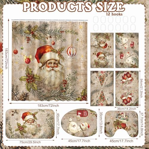 FuWeave 8 Pcs Christmas Shower Curtain Set Santa Bathroom Decor