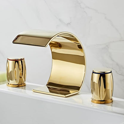 3 Hole Basin Mixer Faucet Waterfall Hot and Cold Water Brass 2 Handles 3 Hole Bathroom Faucets-Brushed
