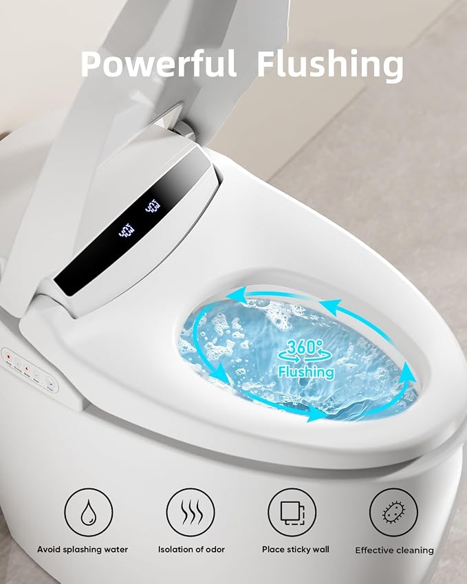 TDH Smart Bidet Toilet,Tankless Toilets with Foot Sensor,One Piece Bidet Toilet for Bathrooms with Heated Toilet Seat, Warm Water Sprayer & Dryer, Leave Seat Auto Flushing Large Display Night Light