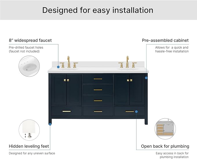 ARIEL Cambridge 66-inch Bathroom Vanity with Sink,Solid Wood, 1.5-inch Pure White Quartz Countertop & Backsplash, Double Oval Porcelain Sink, 4 Soft Closing Doors, 6 Dovetail Drawers, Midnight Blue