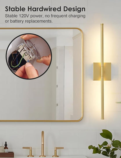 24.4 Inch Hardwired Wall Sconces Set of Two, 3000K Warm White Dimmable Modern Wall Sconces, 350° Rotate LED Light Fixtures Wall Lamp for Bathroom Living Room Bedroom Bedside, Gold