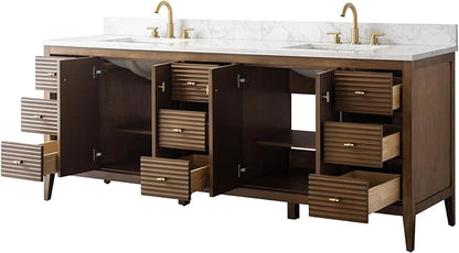 Vanity Art 84 inch Bathroom Vanity with Double Sink & Ceramic Top, Vanity Cabinet with Soft-Closing Door, Solid Wood Frame, Linear Pattern, Walnut, Golden Brushed Handware,Walnut
