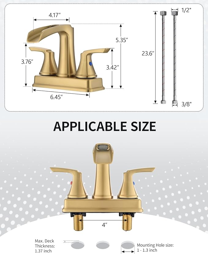 Fapully Bathroom Faucet, Waterfall Bathroom Sink Faucet Widespread, 4 Inch Centerset Brushed Gold Faucet for Bathroom Sink with Pop-up Drain