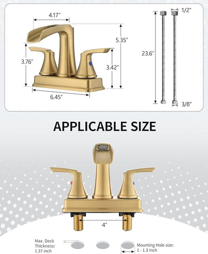 Fapully Bathroom Faucet, Waterfall Bathroom Sink Faucet Widespread, 4 Inch Centerset Brushed Gold Faucet for Bathroom Sink with Pop-up Drain