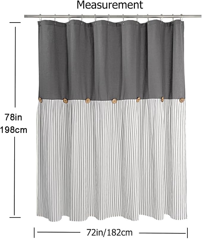 DOSLY Ides Farmhouse Shower Curtain, Beige and Gray Stripe, Button Curtain, Linen and Cotton Woven Fabric, Rustic Charm Country Chic Style, 72x78 in