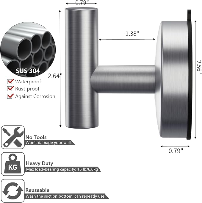 DGYB 17 Inch Brushed Nickel Towel Bar for Bathroom + Set of 2 Large Suction Cup Hooks for Shower
