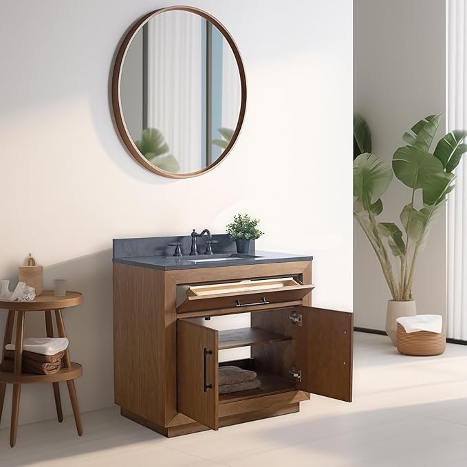 Vanity Art 36 inch Bathroom Vanity with Sink, Solid Poplar Wood, Vanity Cabinet with Doors and Removable Shelf, Modern Wood Cabinet with Black Marble Top, Ceramic Sink, Tan, VA70-36-T-B