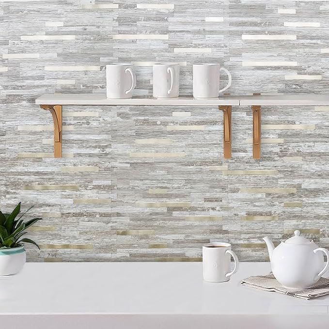DICOFUN 1 Sheet Peel and Stick Backsplash Tile, Brown Birch Wood Look PVC Mixed Metal Gold Stick on Backsplash Tiles for Kitchen