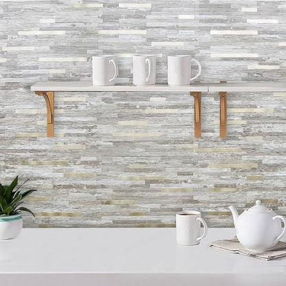 DICOFUN 1 Sheet Peel and Stick Backsplash Tile, Brown Birch Wood Look PVC Mixed Metal Gold Stick on Backsplash Tiles for Kitchen