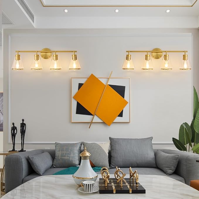 30" 4-Light Brushed Gold Modern Bathroom Vanity Light Fixtures Over Mirror | Clear Glass Shade, Heat-Resistant Ceramic E26 Socket, Wall Sconces, Rustproof, Fit 32–40 Inch Mirrors for Vanity Table