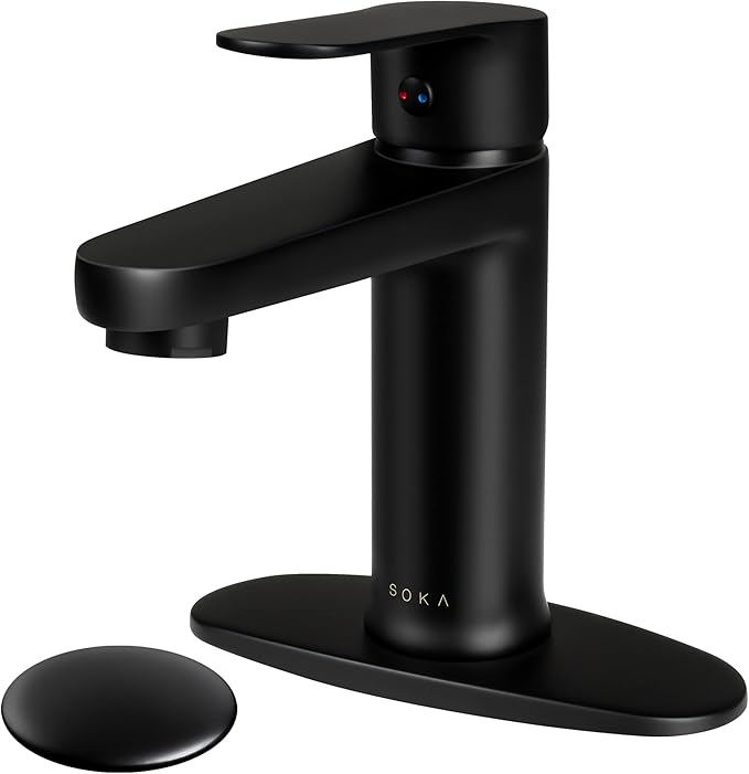 Brass Bathroom Faucet Matte Black with Pop-up Sink Drain Stopper & Deck Plate - 1 or 3 Hole Single Handle RV Faucet