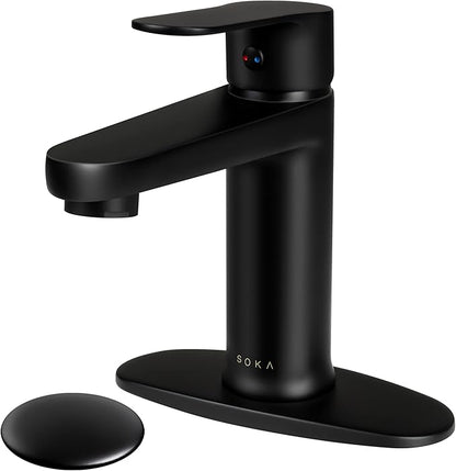 Brass Bathroom Faucet Matte Black with Pop-up Sink Drain Stopper & Deck Plate - 1 or 3 Hole Single Handle RV Faucet