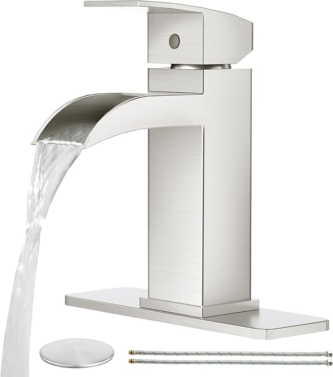 CREA Waterfall Bathroom Faucet 1 Hole Single Handle Brushed Nickel Bathroom Sink Faucet with Drain/ 3 Hole Deck Plate Stainless Steel Vanity Basin Mixer Tap(cUPC Hot Cold Water Supply Line)