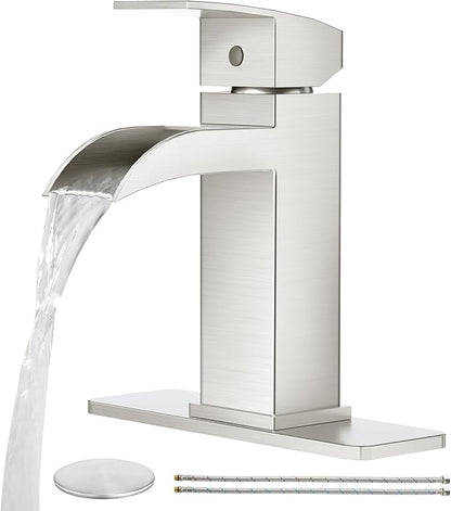 CREA Waterfall Bathroom Faucet 1 Hole Single Handle Brushed Nickel Bathroom Sink Faucet with Drain/ 3 Hole Deck Plate Stainless Steel Vanity Basin Mixer Tap(cUPC Hot Cold Water Supply Line)