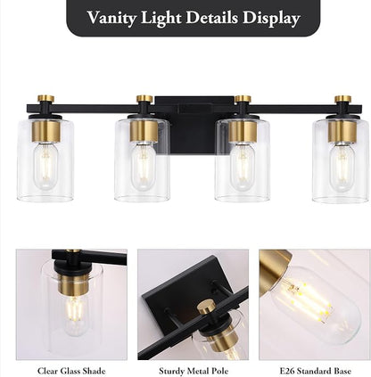4 Light Bathroom Light Fixtures, Black and Gold Bathroom Vanity Light with Clear Glass Shade, Modern Bathroom Lights Over Mirror Wall Sconce, Brushed Gold Vanity Lights for Bathroom