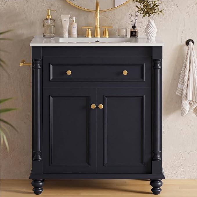 YESHOMY 30" Bathroom Vanity with Sink, Bathroom Storage Cabinet | Bathroom Vanity, Solid Wood, Integrated Ceramic Basin, 1 Flip-Down Drawer, 2 Doors & Adjustable Shelf, Dark Blue