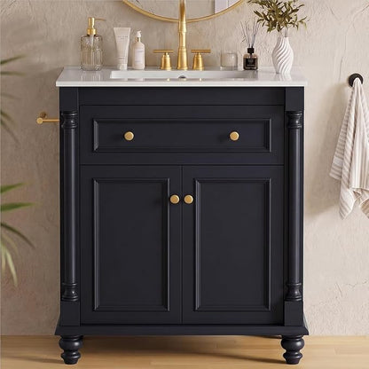 YESHOMY 30" Bathroom Vanity with Sink, Bathroom Storage Cabinet | Bathroom Vanity, Solid Wood, Integrated Ceramic Basin, 1 Flip-Down Drawer, 2 Doors & Adjustable Shelf, Dark Blue