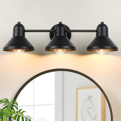 Bairth Bathroom Light Fixtures,3-Light Black Metal Vanity Light Over Mirror | Farmhouse Rustic Industrial Bathroom Vanity Light, Modern Bathroom Lights with Metal Shade for Living Room Cabinet Hallway
