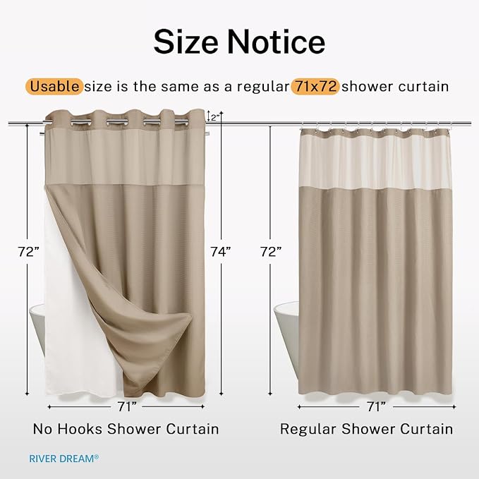 RiverDream Heavyweight Waffle No Hook Shower Curtain with Liner,Linen,71x74 | Dotted Waffle,Snap-in Liner,Heavy Duty,Quick Dry,Mesh Top Window,With Bottom Magnets,Hotel-Grade,Washable,Standard Size