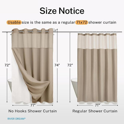 RiverDream Heavyweight Waffle No Hook Shower Curtain with Liner,Linen,71x74 | Dotted Waffle,Snap-in Liner,Heavy Duty,Quick Dry,Mesh Top Window,With Bottom Magnets,Hotel-Grade,Washable,Standard Size