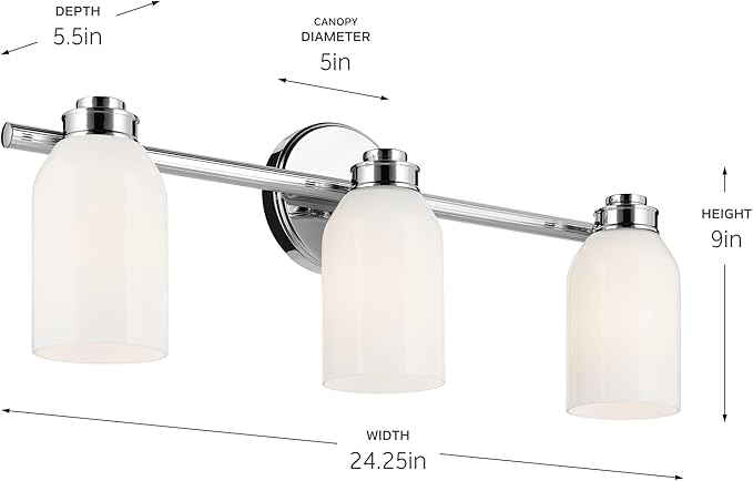 Kichler Shae 24.25" 3-Light Vanity Light with White Opal Glass in Chrome, for Bathroom Vanity, Powder Room, Over a Mirror, (24.25" W x 9" H), 55202CH