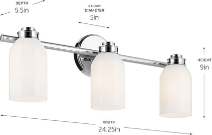 Kichler Shae 24.25" 3-Light Vanity Light with White Opal Glass in Chrome, for Bathroom Vanity, Powder Room, Over a Mirror, (24.25" W x 9" H), 55202CH