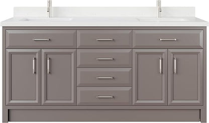 Capri III 72" Double Sink Bathroom Vanity With Stealth Organizer, Solid Wood Bathroom Cabinet with Engineered Stone Countertop & Backspalsh, Soft Closing Door & Drawer, Pre-Assembled, Mink