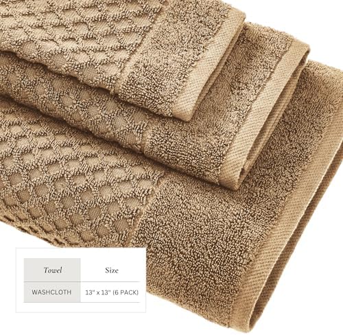 Great Bay Home Brown Washcloths - 100% Cotton 6 Pack 13x13 Washcloth Set - Absorbent, Durable, Quick-Dry Face Towels for Bathroom (Mocha)