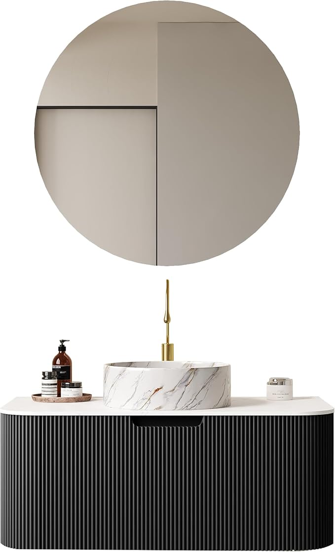 36'' Floating Vanity with Sink Combo, Modern Wall-Mounted Curved Edges Striped Bathroom Storage Cabinet with Soft-Close Drawer and White Stone Pattern Basin, Black