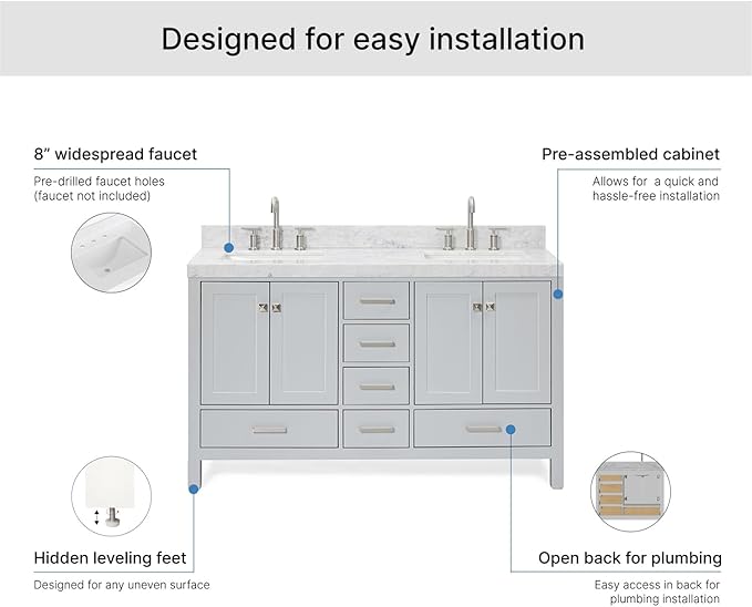ARIEL Cambridge 60-inch Bathroom Vanity with Sink,Solid Wood, 2-inch Italian Carrara Marble Countertop, Double Rectangular Porcelain Sink, 4 Soft Closing Doors, 6 Dovetail Drawers, Grey
